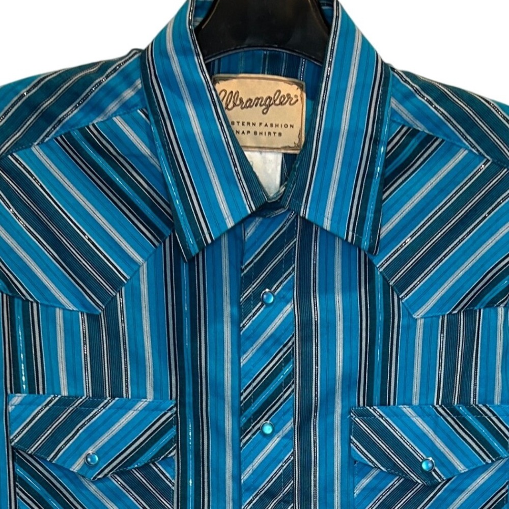 Wrangler Western Fashion Snap Men's XL Shirt Striped Blue Turquoise‎ Silver